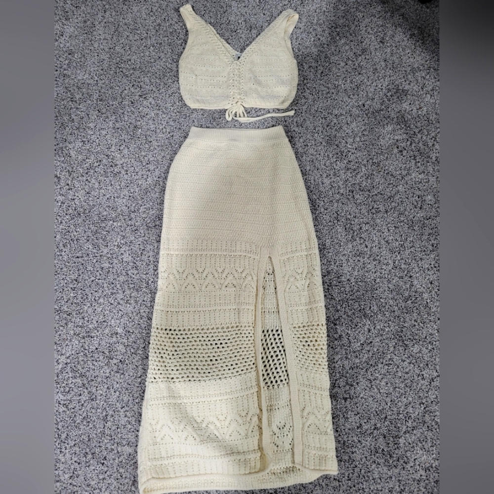 American Eagle Cream Crochet Skirt Set